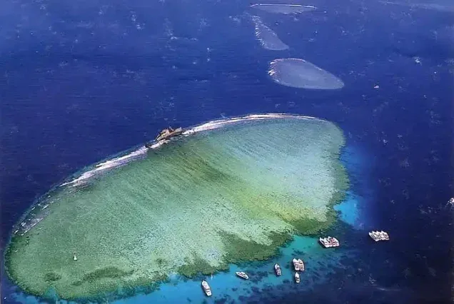 Aerial view of a coral reef island on the Tiran Island snorkeling boat trip